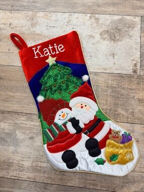 Kurt Adler Velour Santa Snowman Christmas Stocking - PERSONALIZED WITH KATIE